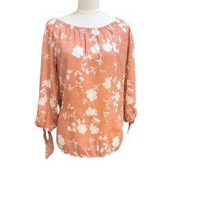 Floral Blouse Size M Peach Tie Sleeve Top Fred David